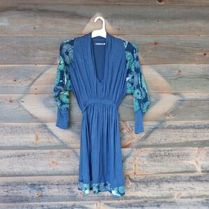Earthbound Trading Co Boho Peasant Blue Floral Dress Womens Size Medium V-neck